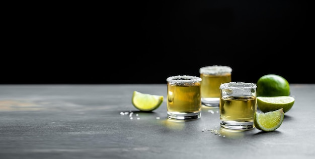 Shots of Mexican Gold Tequila with lime and salt on stone background concept luxury drink Alcoholic drink place for text