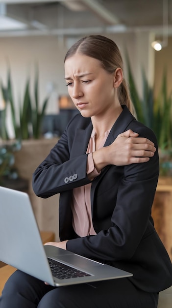 Photo shoulder pain and laptop for businesswoman with injury accident or inflammation from typing