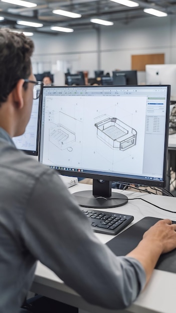 Photo over the shoulder shot of engineer working with cad software on desktop computer screen shows tech