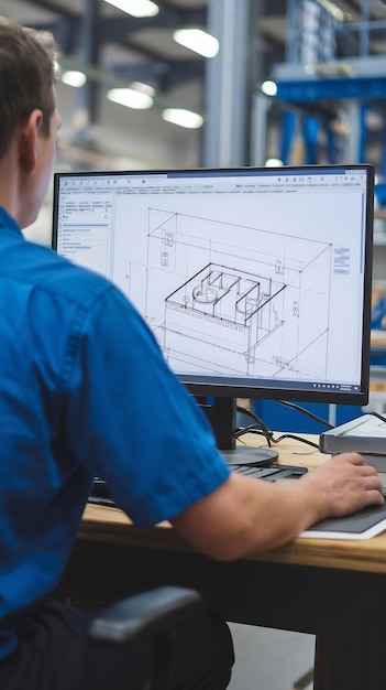 Photo over the shoulder shot of engineer working with cad software on desktop computer screen shows tech