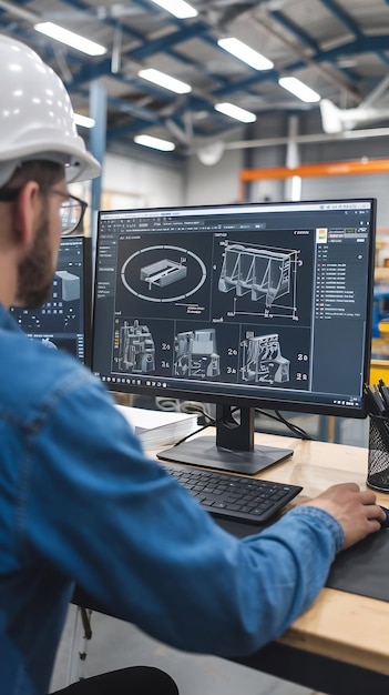 Over the Shoulder Shot of Engineer Working with CAD Software on Desktop Computer Screen Shows Tech