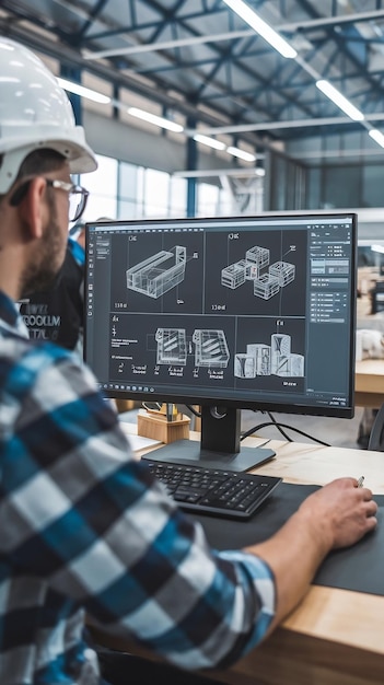 Over the Shoulder Shot of Engineer Working with CAD Software on Desktop Computer Screen Shows Tech