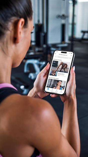 Over Shoulder Shot Fit Woman Holds Smartphone Uses Fitness Tracking App Looking Through Premium