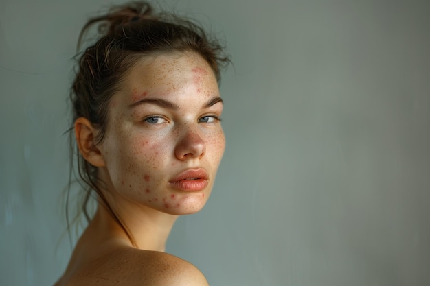 Shouldersup portrait of a woman bare shoulders showing acne and redness on her face