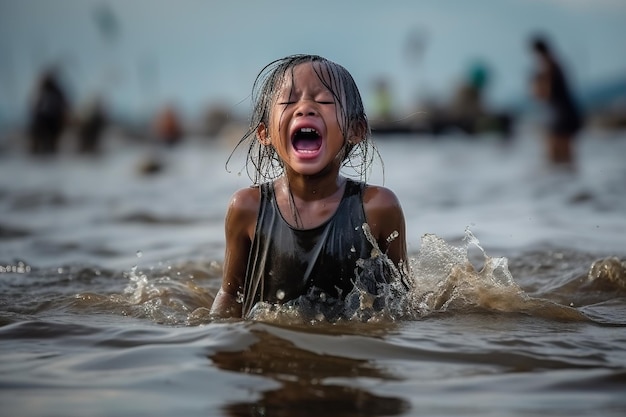 Shout and crying child in dirt standing in polluted river generative ai