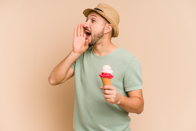 Shouting and holding palm near opened mouth