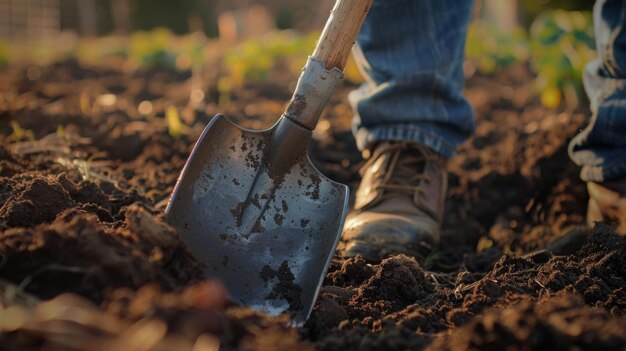 Photo a shovel digs into rich soil with a person in boots standing by during a gardening session