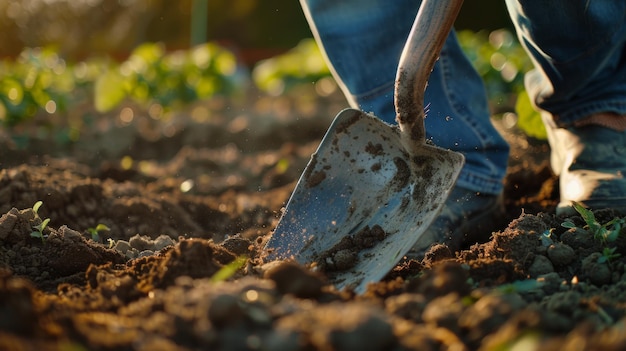 Photo a shovel digs into rich soil with a person in boots standing by during a gardening session