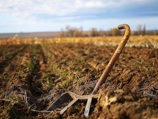 Photo shovel standing in fertile soil of a tilled field symbolizing agriculture and growth