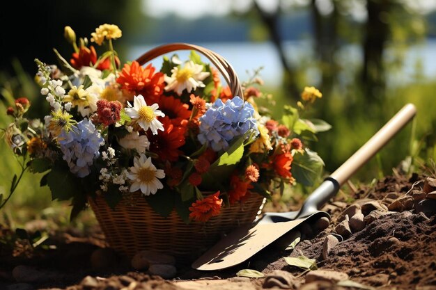 Shovel with a basket of freshly picked flowers ne