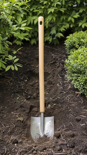 A shovel with a wooden handle is sticking out of a garden bed partially buried in the dirt There are green shrubs on either side of the bed