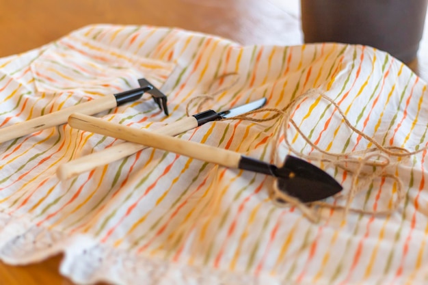 Shovels gardening rakes on a cotton napkin on the table Accessories for transplanting plants