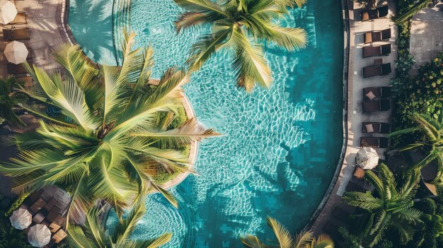 Photo show an aerial perspective of a resort pool surrounded by palm trees and sun loungers creating a tropical paradise