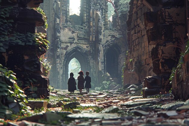 Show children exploring a historic site