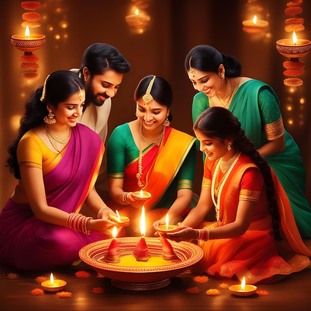 Show diverse individuals lighting Diya' oil lamps and exchanging greetings in a joyous atmosphere