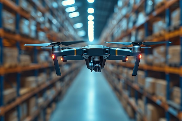 Show drones flying over aisles in a warehouse scanning barcodes for inventory management