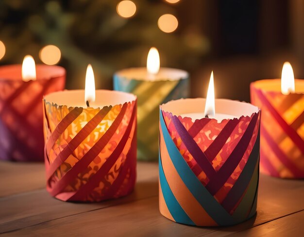 Show off homemade candle holders wrapped in vibrant multicolored paper