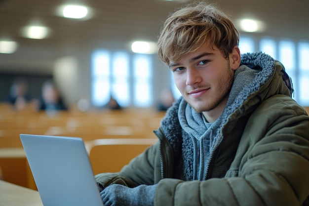 Photo show a student working on a laptop in a modern technologyequipped classroom