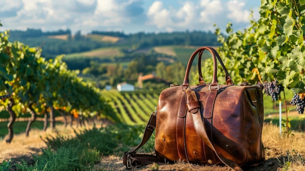 Photo show a travel bag at a vineyard with rows of grapevines and a picturesque winery in the background ready for a wine tasting tour