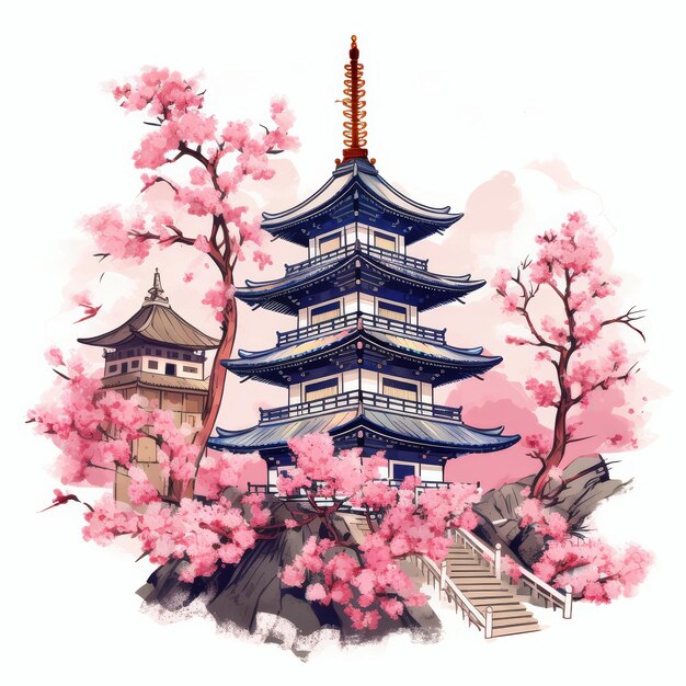 Showa day illustration with a japanese pagoda and cherry blossom