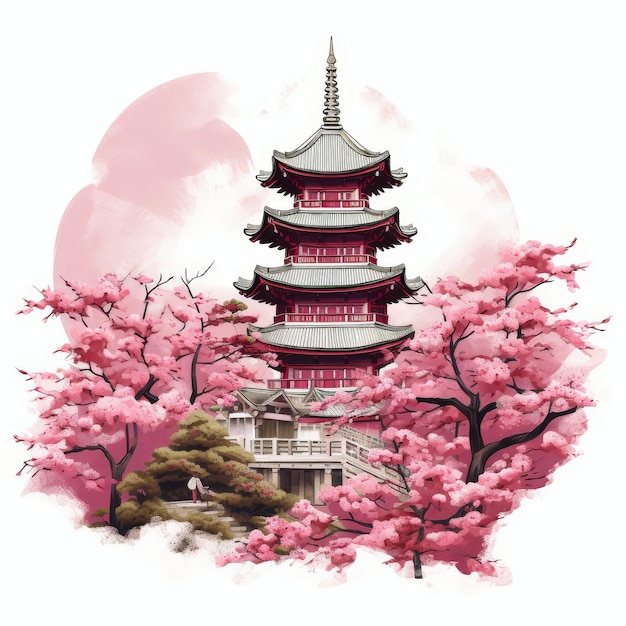 Showa day illustration with a japanese pagoda and cherry blossom