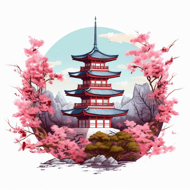 Showa day illustration with a japanese pagoda and cherry blossom