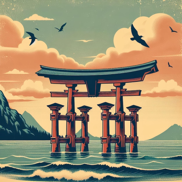 Showa day retro background with traditional japanese torii gate