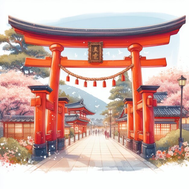 Showa day watercolor illustration with traditional japanese torii gate