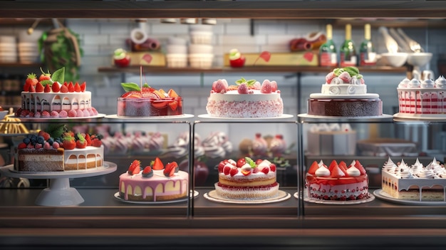 Photo showcase of assorted cakes in a bakery multiple colorful and delicious cakes displayed behind glass dessert variety for special occasions vibrant and appetizing scene bakery photography ai