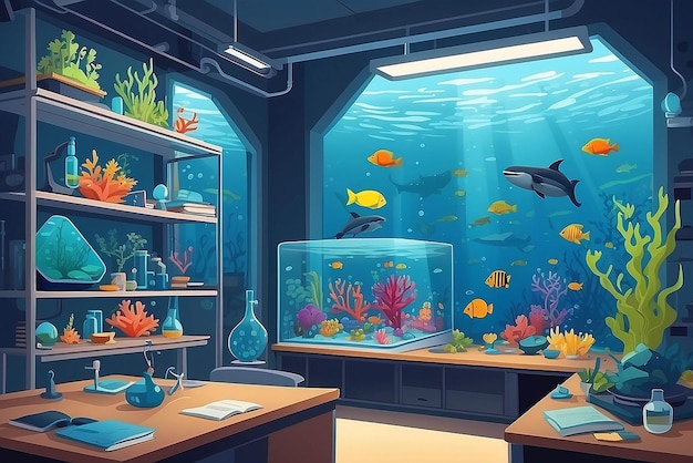 Showcase a corner of the lab dedicated to studying the impact of climate change on marine life vector illustration in flat style