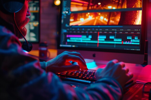 Showcase the dedication of a video editors hands a generative ai