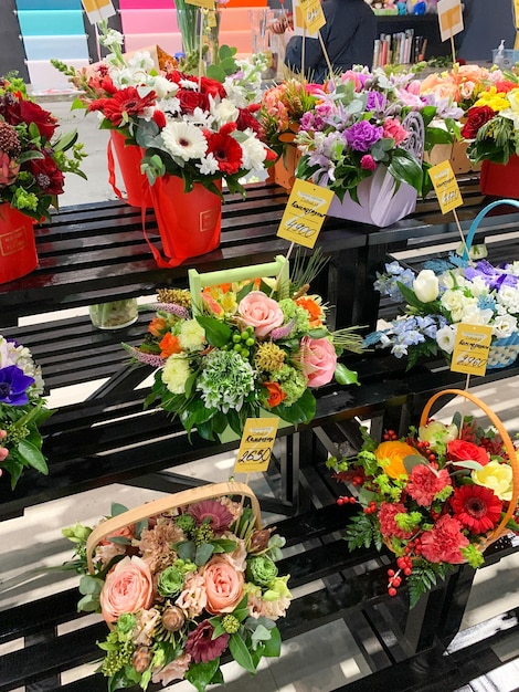 Showcase in a flower shop selection of bouquets for sale retail sale of fresh flowers and floristic compositions