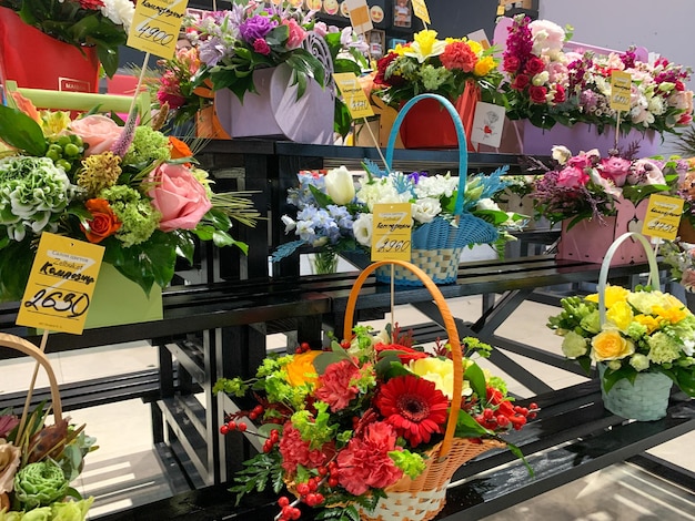 Showcase in a flower shop selection of bouquets for sale retail sale of fresh flowers and floristic compositions