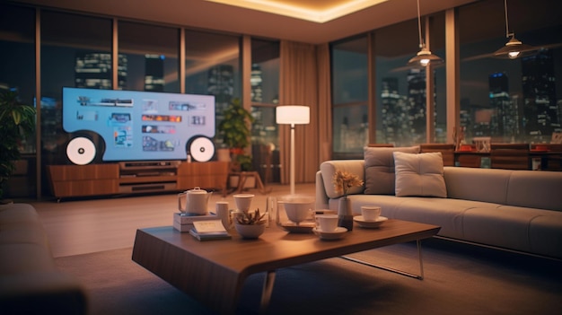 Showcase the integration of smart home technology with an image of a modern home interior