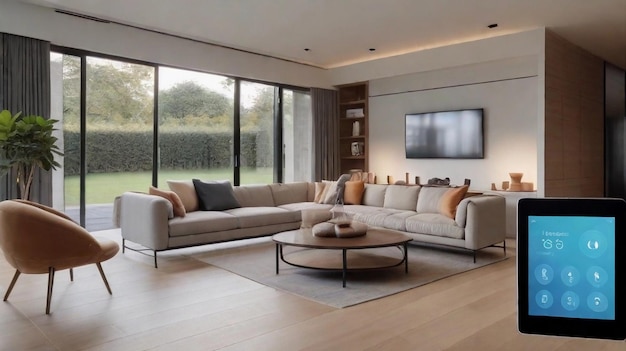 Showcase the integration of smart home technology with an image of a modern home interior