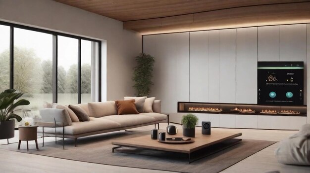 Showcase the integration of smart home technology with an image of a modern home interior