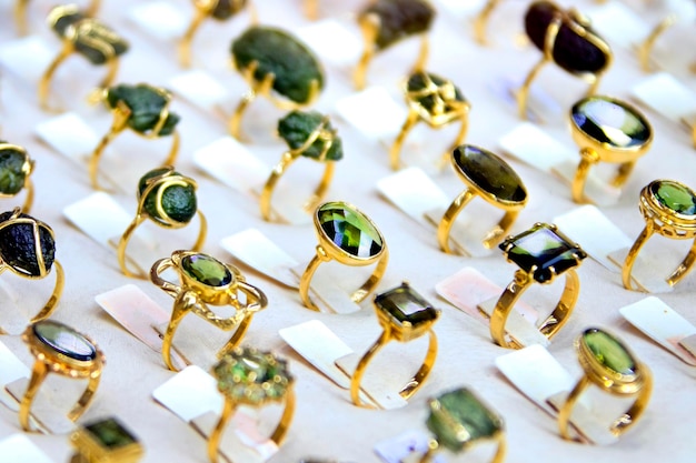 Showcase of a large green stone rings