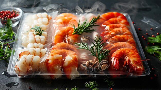 Photo showcase meticulously packaged frozen seafood products meeting international export standards emphasizing freshness and quality