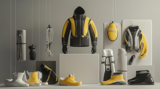 Photo showcase of modern protective gear in yellow and black featuring jackets footwear and accessories fo