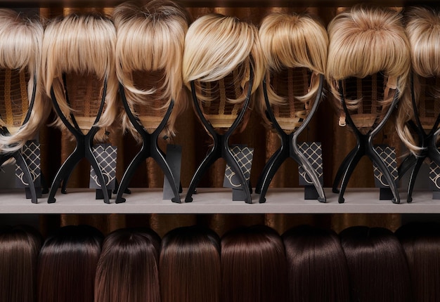 Showcase of natural looking wigs in different colors fixed on the metal wig holders in beauty salon Row of mannequin heads with variation shades hair on shelf in wig shopxA