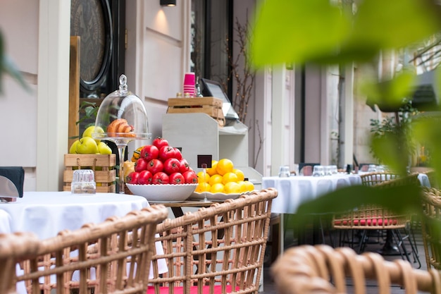 A showcase with beautifully laid out fresh fruits Fruit sale at the market