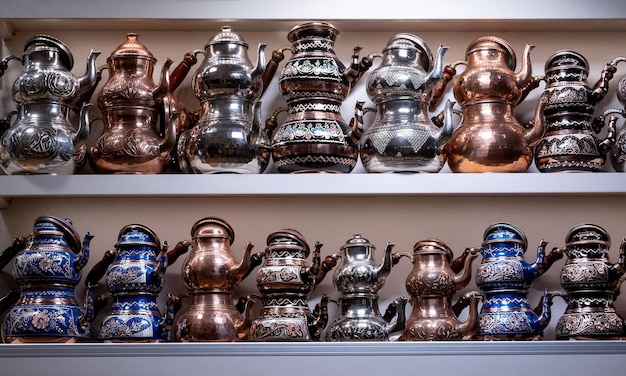 Showcase with traditional Turkish teapots at the Grand Bazaar in Istanbul