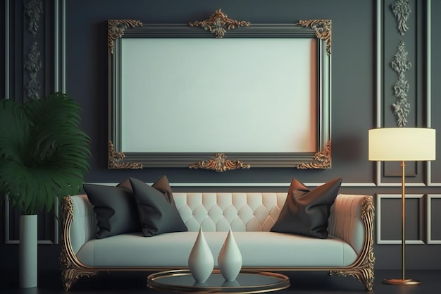 Showcase your artwork or designs in style with this frame mockup set against a modern classic living room interior background Ideal for presentations