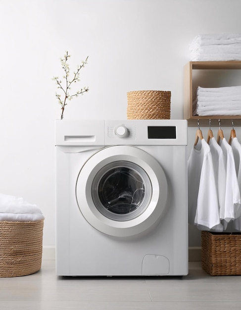 Photo showcases a washing machine placed in a clean and neatly organized utility laundry room with white w