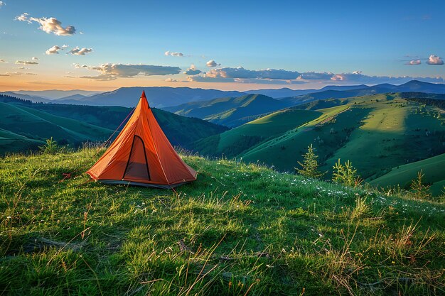 Photo showcasing camping in the mountains at sunset a panoramic view of green hills and meadows with a ca