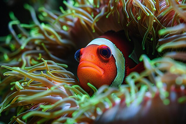 Photo showcasing a clown fish peeking out from the anemone its bright red and white stripes contrasting w