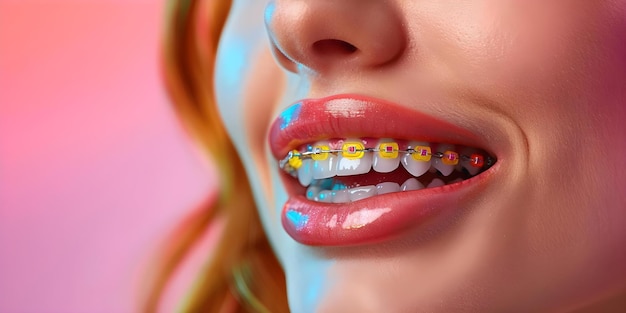 Showcasing Colorful Braces A Vibrant Aesthetic for Personalized Dental Care Concept Dental Braces Orthodontic Treatment Smile Makeover Colorful Accessories Personalized Dentistry