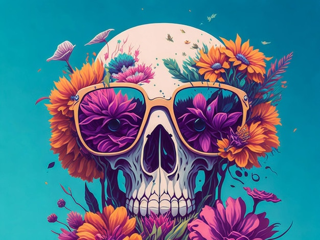 Showcasing a dead skull wearing sunglasses and set against a backdrop of dynamic flow splashes