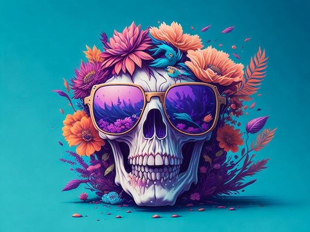 Showcasing a dead skull wearing sunglasses and set against a backdrop of dynamic flow splashes