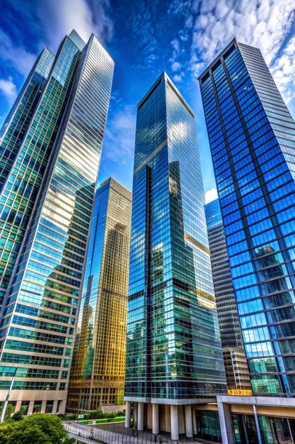 Photo showcasing highrise buildings with expansive glass facades